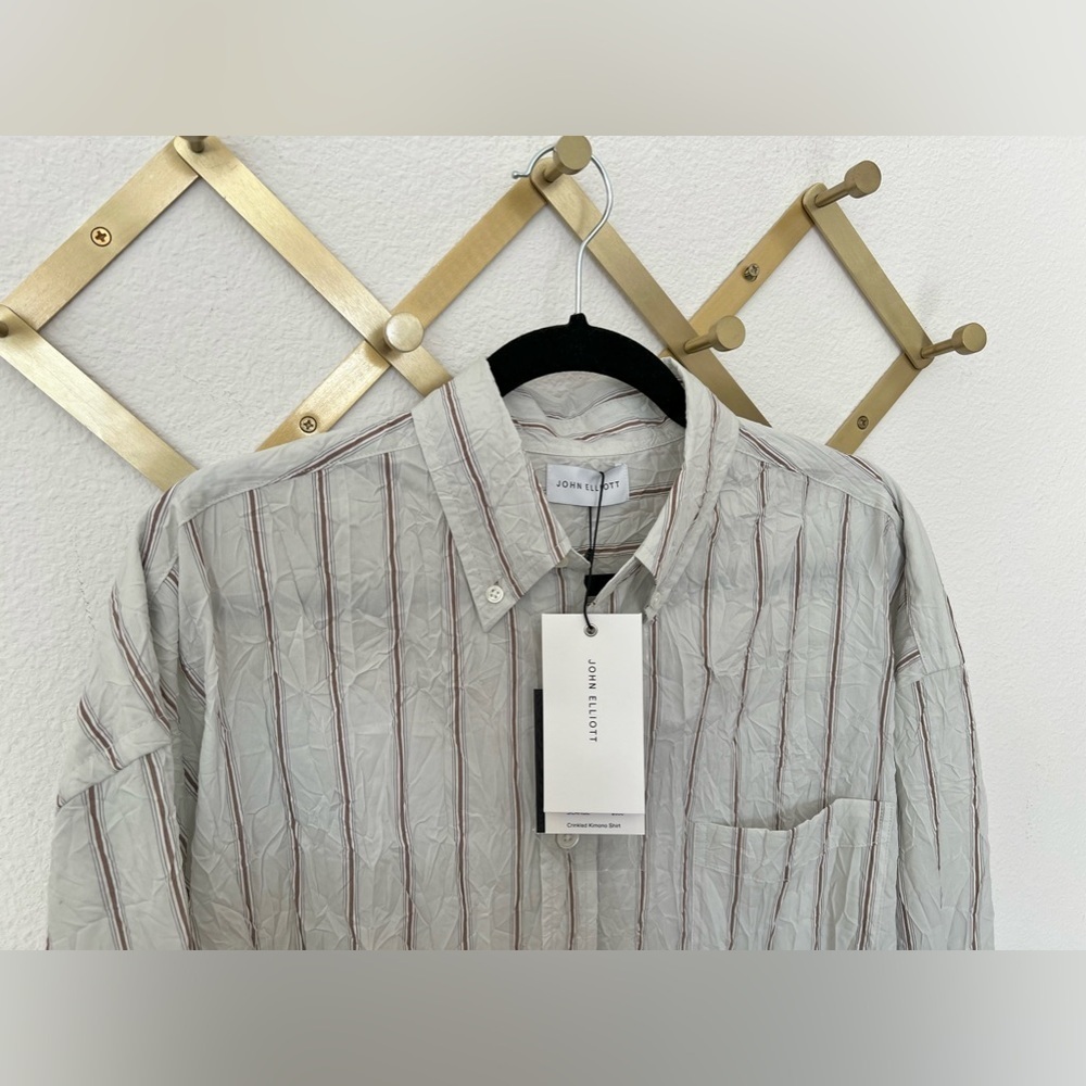 nwt JOHN ELLIOTT Men's Crinkled Tie Shirt in Manhasset Stripe Size Large - Picture 10 of 12
